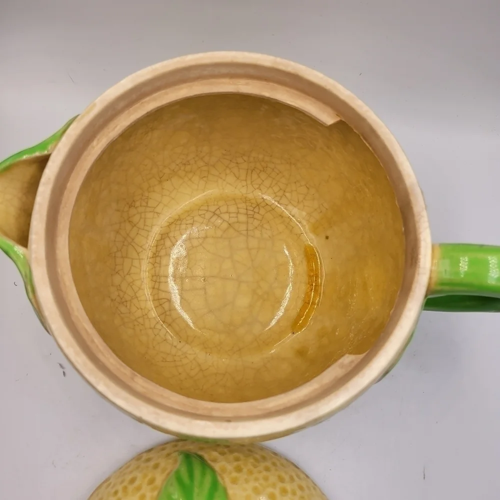 Vintage Mid Century Ceramic Lemon Pitcher and Lid in Yellow and Green Japan